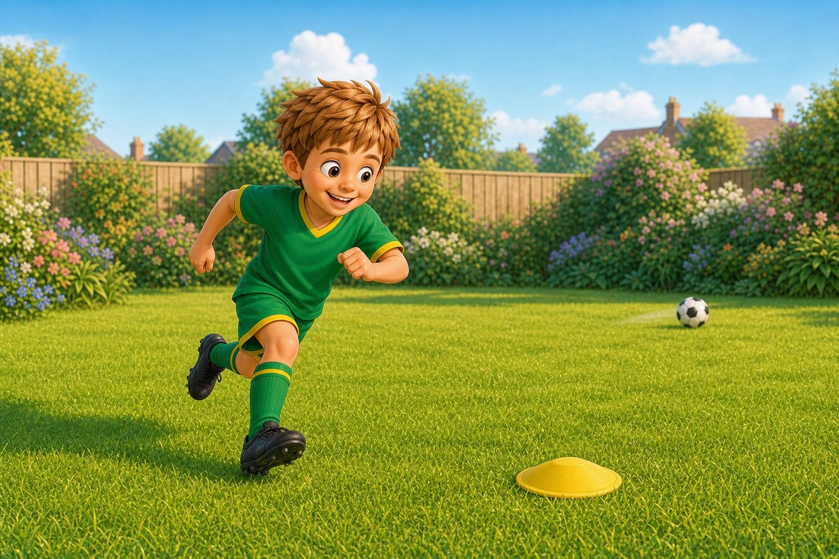 A football rolls away in the distant background while the boy is already sprinting towards the next single yellow cone in the foreground