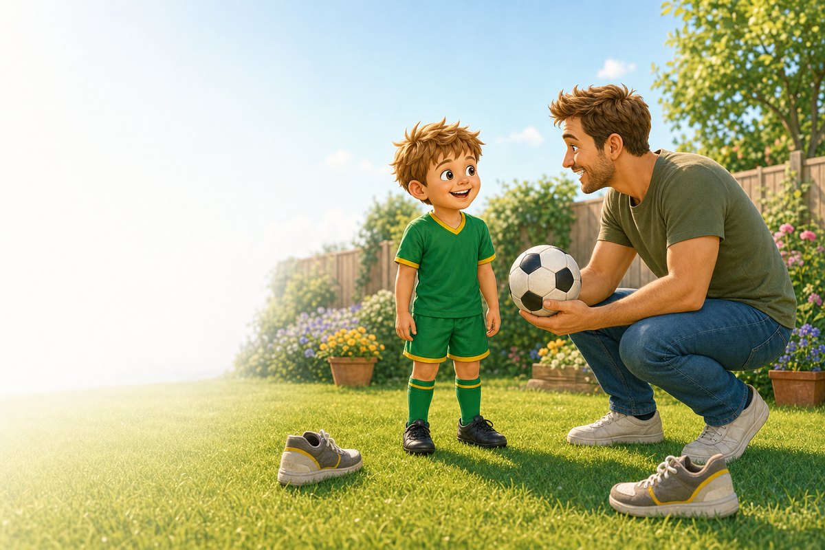 A dad crouching at his child's height and inviting him to play football between two shoe markers