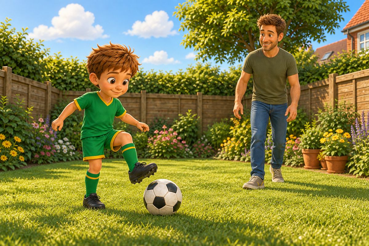 A boy in a UK garden with his foot raised slightly, toes up, about to let a rolling football run underneath his sole, dad watching a short distance away having just rolled the pass.