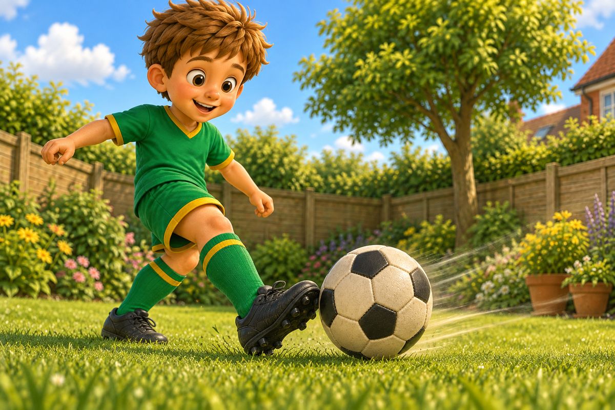 A close low-angle view of the boy's foot with the ball rolling toward it from a slight angle, demonstrating the angled-roll practice variation.