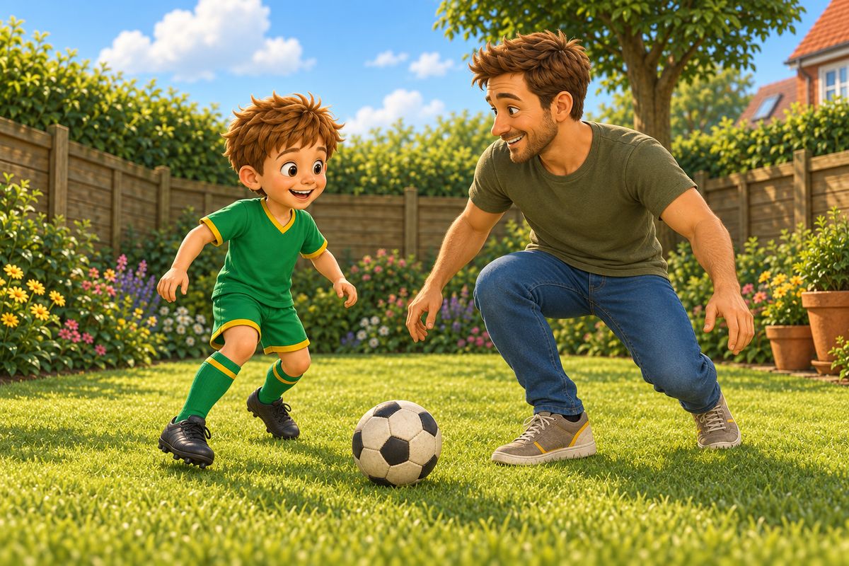A dad kneeling down at a boy's eye level on a garden lawn, both mid-kickabout with a football between them, the dad's posture relaxed and playful rather than standing over the boy