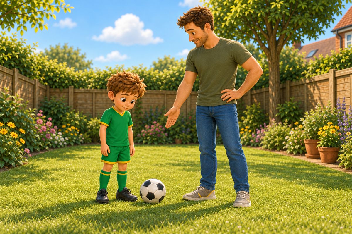 A dad standing upright over a boy on a garden lawn, one hand gesturing down toward the boy's feet as though correcting his technique, the boy looking down at his own feet rather than at the dad