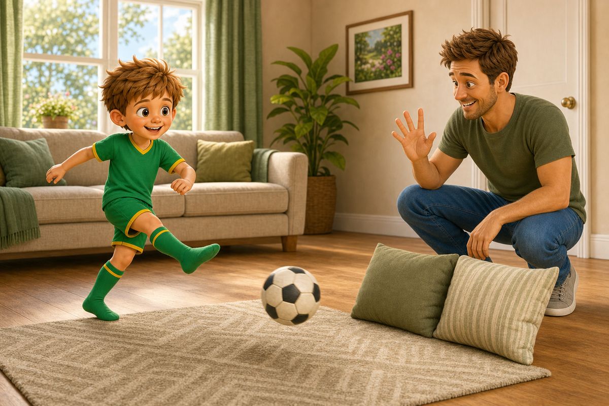A boy grinning as he aims a gentle, controlled kick at a cushion goal in a UK living room while dad crouches by the target keeping score, both relaxed and smiling