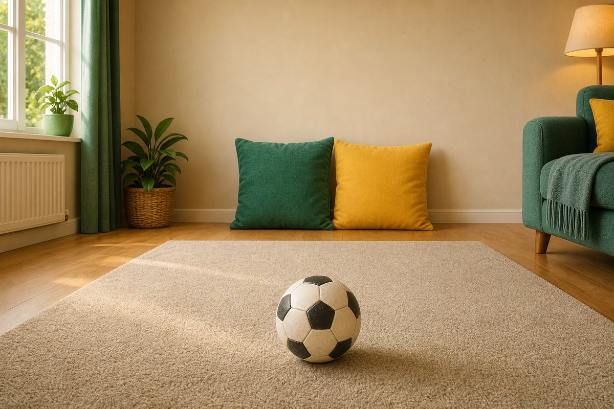 A cushion-goal target set up on a living room floor well away from a window and a glass cabinet, with a cream-and-black football resting in front of it