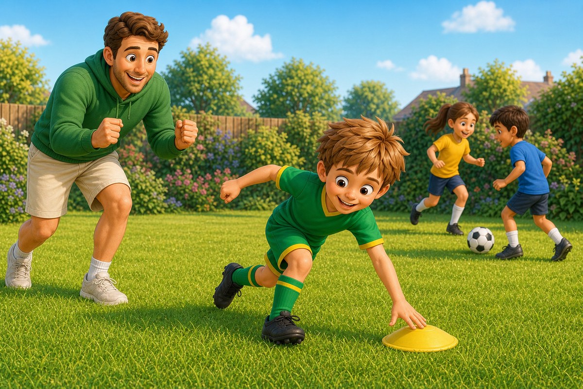 Cartoon boy tagging a soft yellow cone base and pivoting straight back into play, Dad cheering while two other children stay active