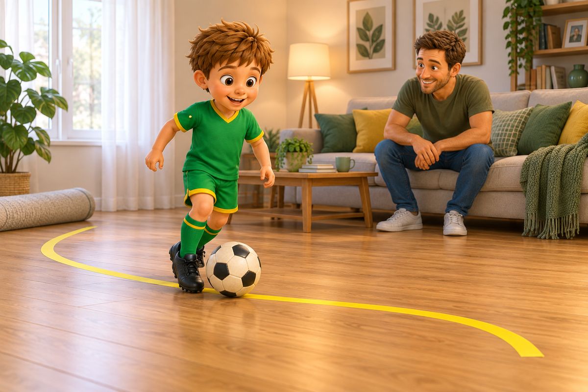 A boy dribbling a football along a curved strip of tape on a UK living-room floor, with a sofa pushed back against the wall behind him.