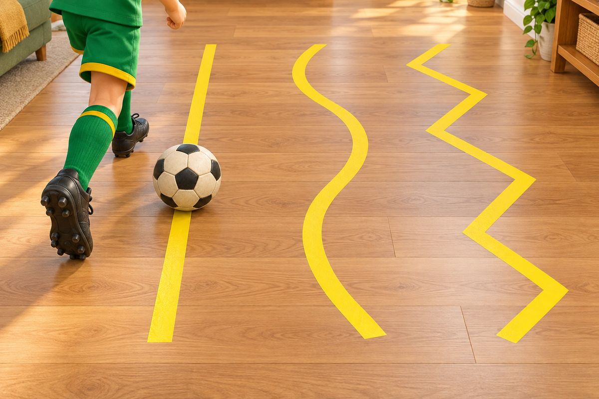 Three tape shapes laid out on an indoor floor: a straight line, a curve and a zig-zag, with a football resting on the straight section.