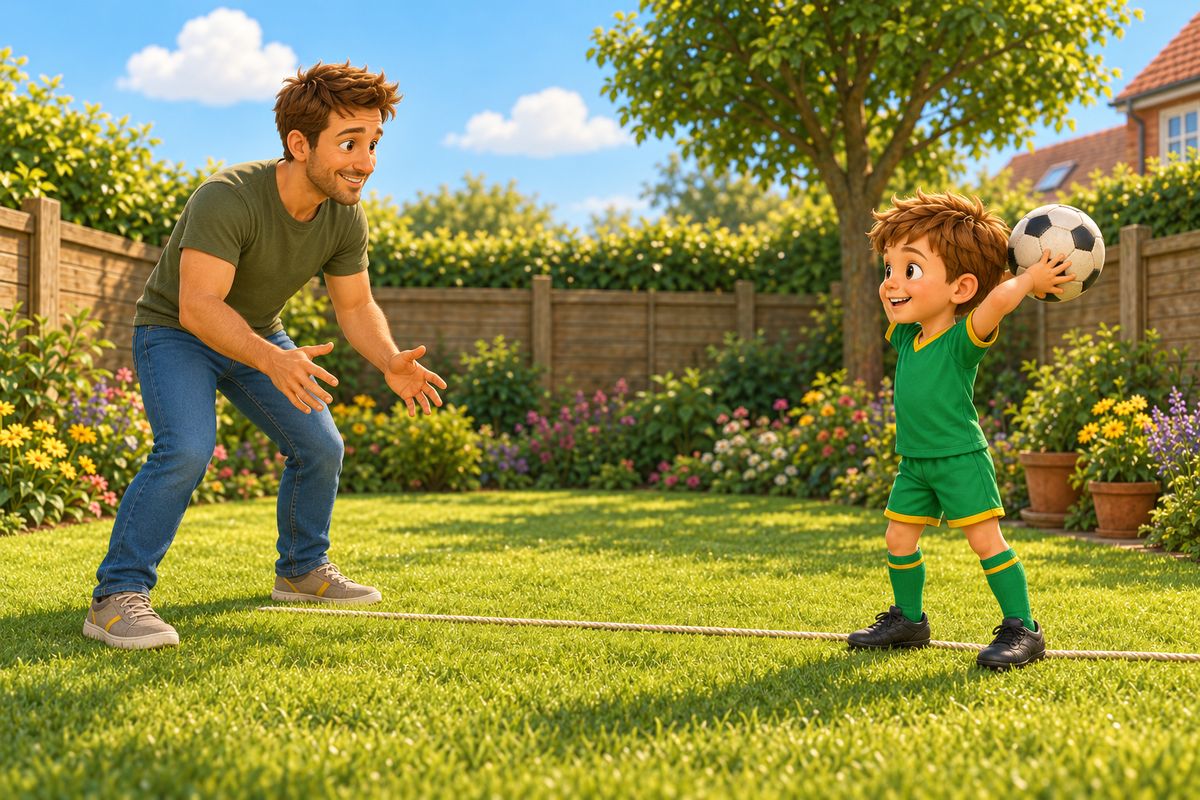 A boy stands with his toes on a skipping rope laid on the lawn and his ball held back behind his head in both hands, while his dad waits a few paces away with his hands low and ready.