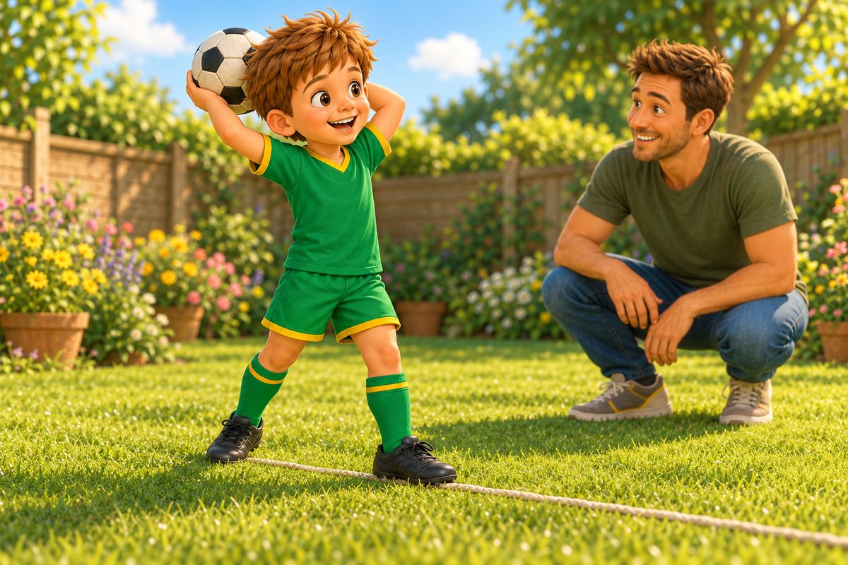 A low close view of a boy's black boots on a skipping rope laid on the grass, his back toe trailing along the lawn, with the ball held behind his head in both hands above them.