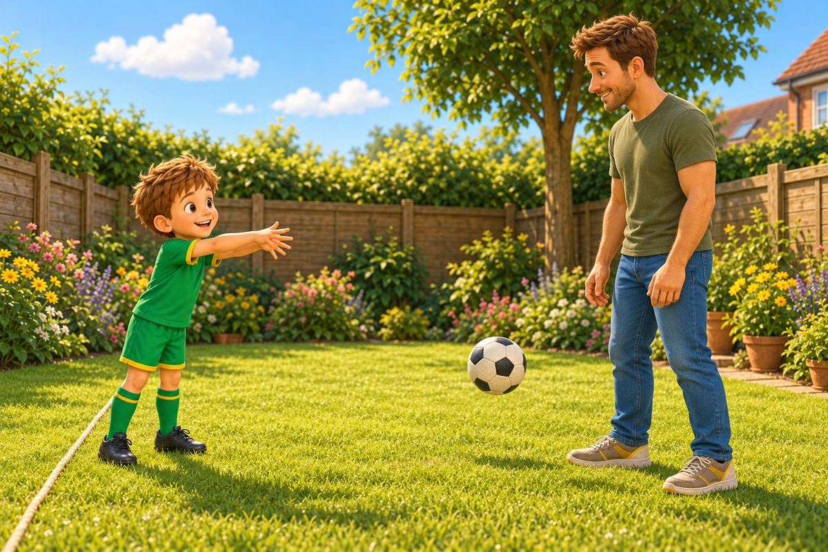 A boy finishes a two-handed throw with his arms out in front, and the ball lands softly at his dad's feet a few paces away, the dad's hands held low.