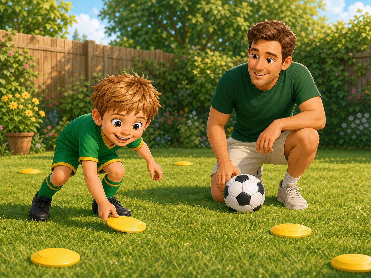 Cartoon child moving a yellow marker to choose the final football gate while a grown-up listens nearby