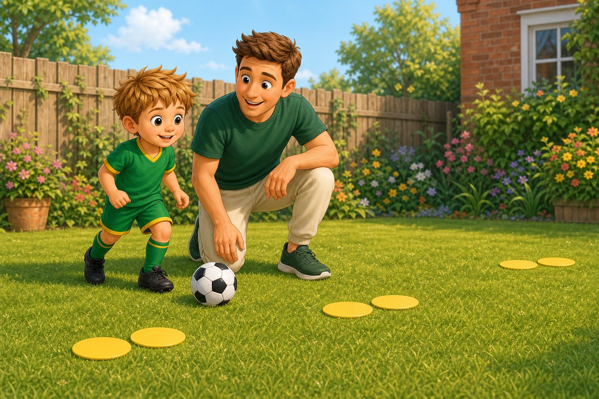 Cartoon child and grown-up beginning together beside a ball and three wide yellow marker gates