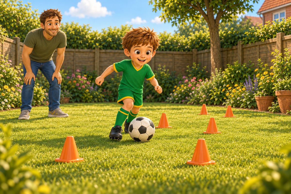A boy dribbling a football through the middle of three small cone gates set in a gently offset line across a UK garden lawn, dad watching from the side near the start, mid-action and focused.