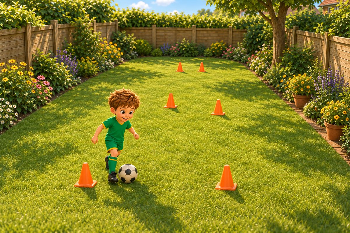 An overhead-angled view of three cone gates spaced wide, offset and narrow along a UK garden lawn, with a boy approaching the first gate with a football.