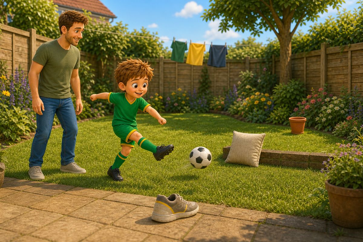 A boy lining up a shot at three mismatched household items, a shoe, a cushion and a plant pot, set out as targets at different distances on a small UK patio, dad watching nearby