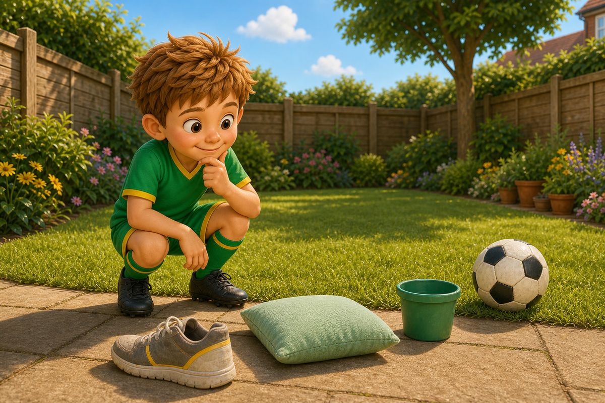 A boy crouching to choose which household items to use as targets, a shoe, a cushion and a bucket, laid out on a patio before a game starts