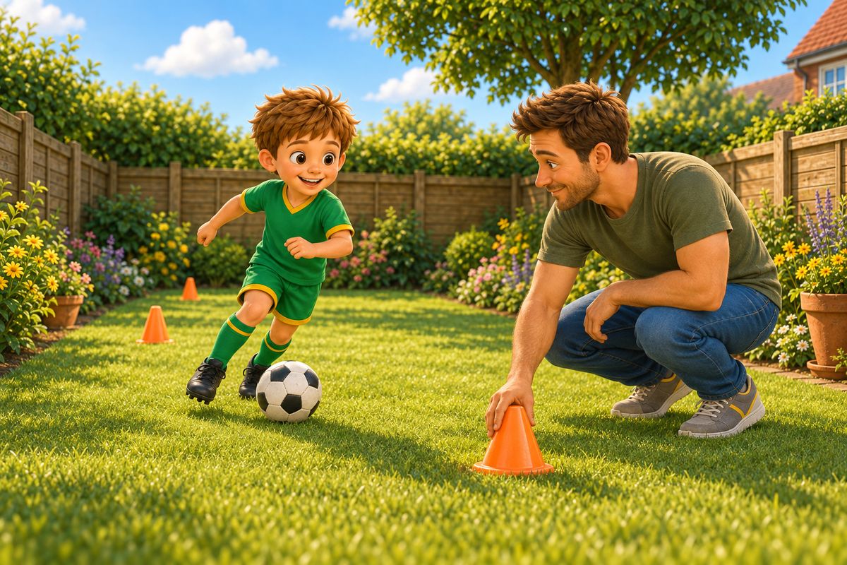 A dad placing an orange training cone on a lawn to narrow the playing strip well inside the garden fence, while a boy dribbles a football nearby with the real fence and a flowerbed visible behind the new boundary.