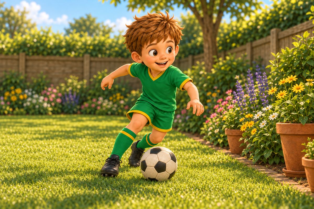 A boy mid-turn with a football close to the edge of a narrowed playing strip, a flowerbed border close behind him, his body clearly rotating into a new direction.