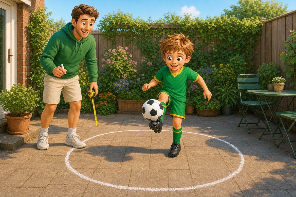 Cartoon boy doing keepy-uppies inside a chalk circle on a patio while a grown-up holds chalk playfully
