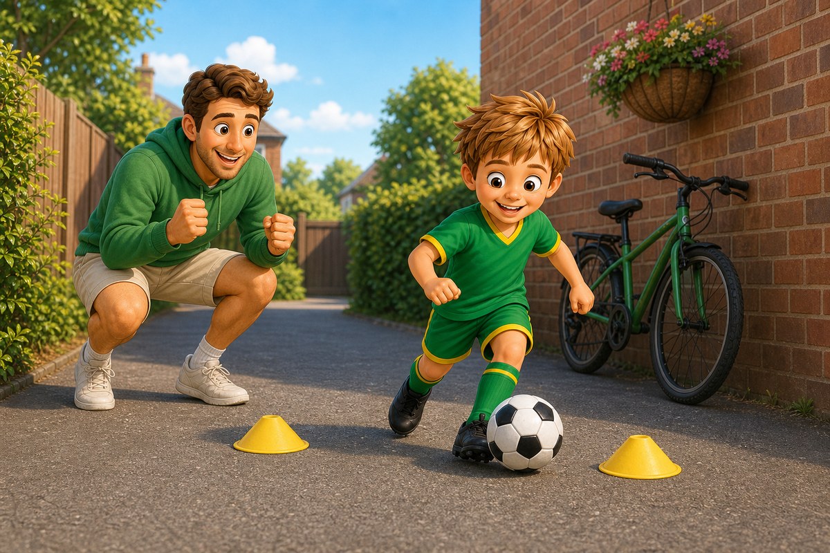 Cartoon boy dribbling a football around two small cones on a narrow driveway while a grown-up cheers nearby