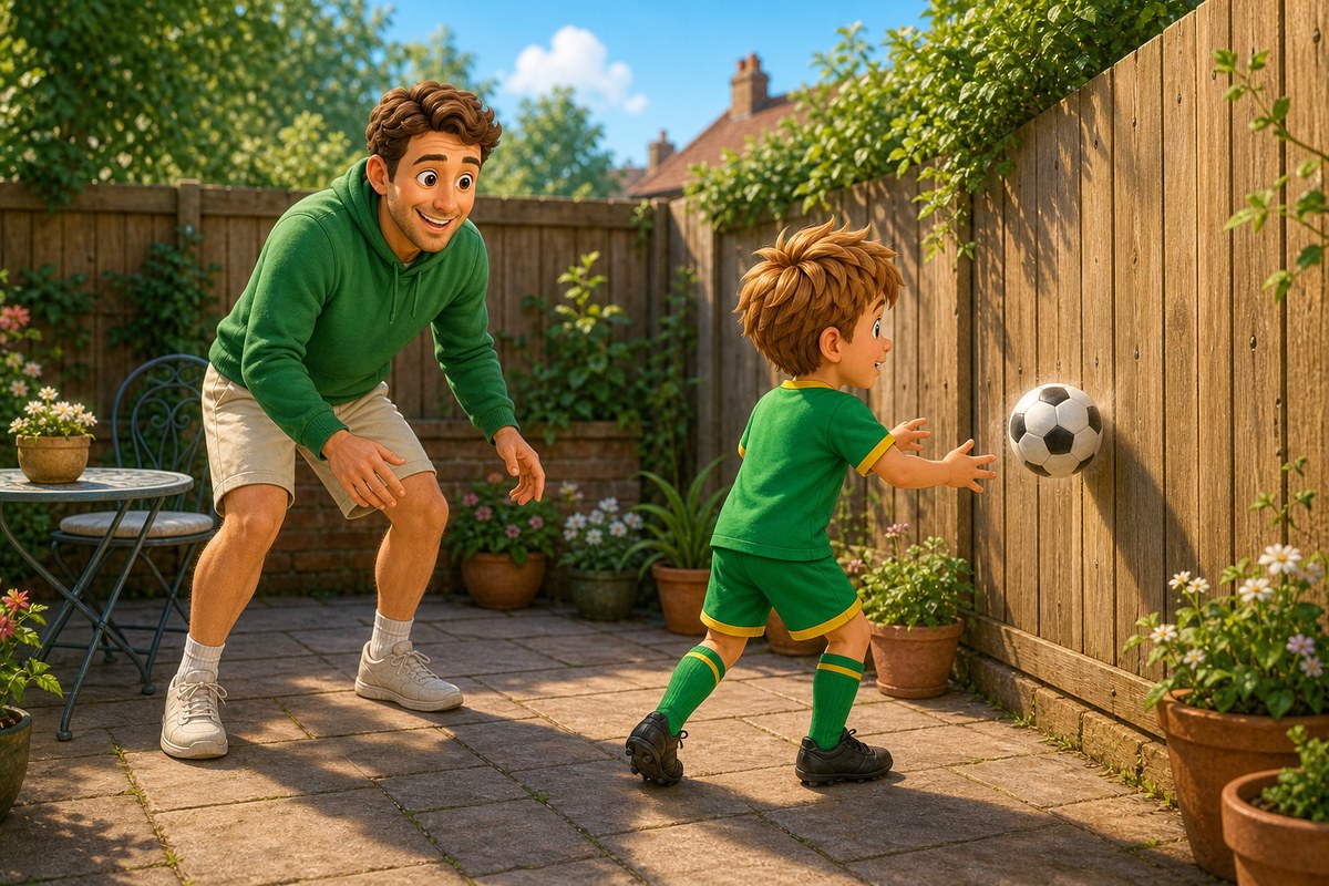 Cartoon dad and boy playing a gentle wall-rebound football game against a fence on a small paved patio