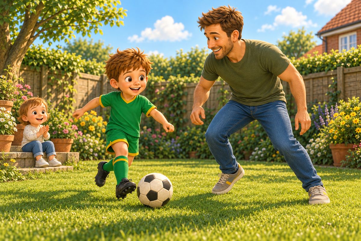 A dad and boy playing football in the garden while a toddler-aged sibling sits happily on a step just outside the play area, clearly included but at a safe distance.