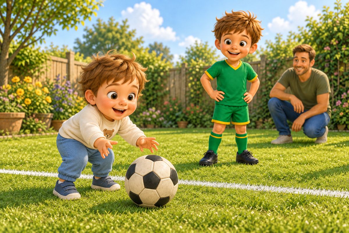 A toddler-aged sibling retrieving a ball that has rolled to their feet just past a marked boundary line, smiling, while the older boy watches from the game.