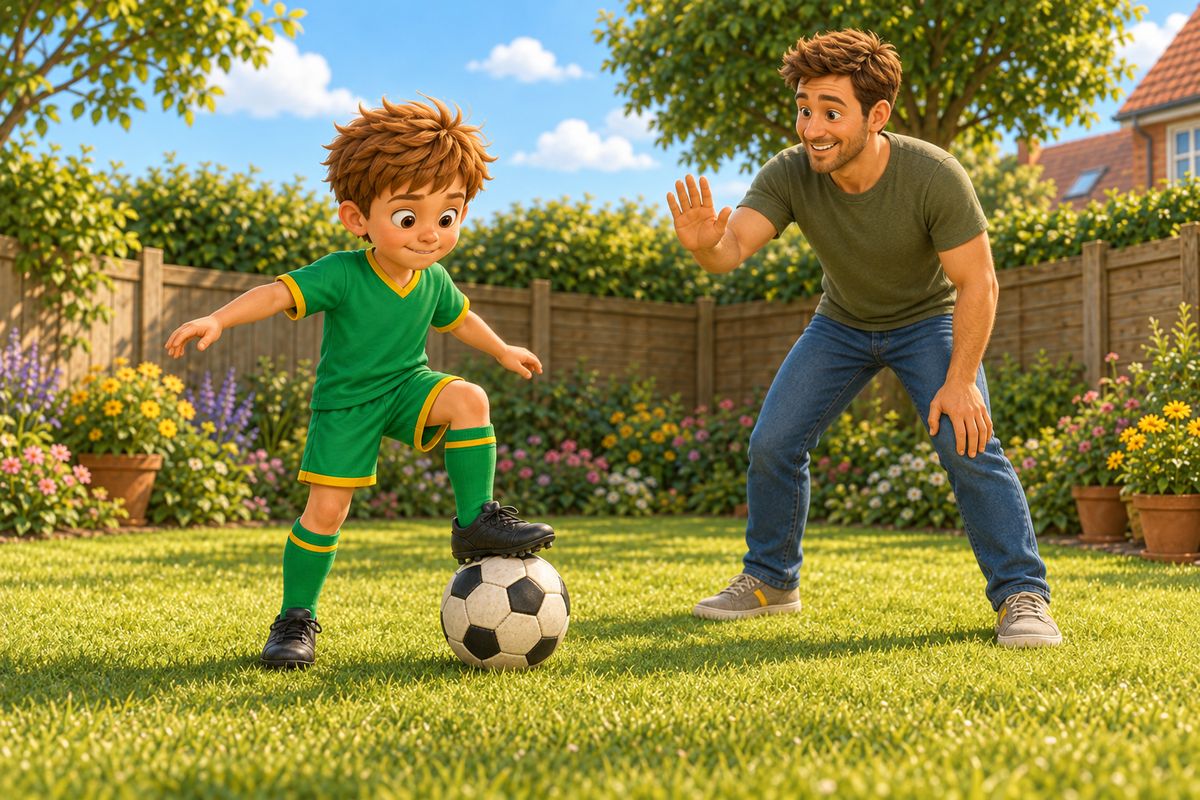 A boy frozen mid-stop with a football dead under his foot in a small UK garden while a dad calls a signal nearby.
