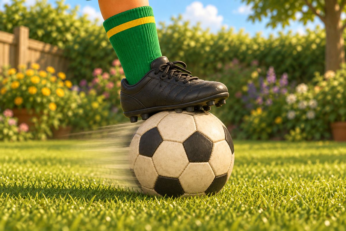 A close-up of a football stopped dead under a boy's boot on grass.