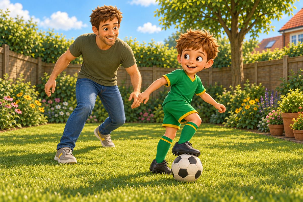 A boy mid-turn with a football under his foot, spinning away from a dad closing in gently from behind on a small UK lawn