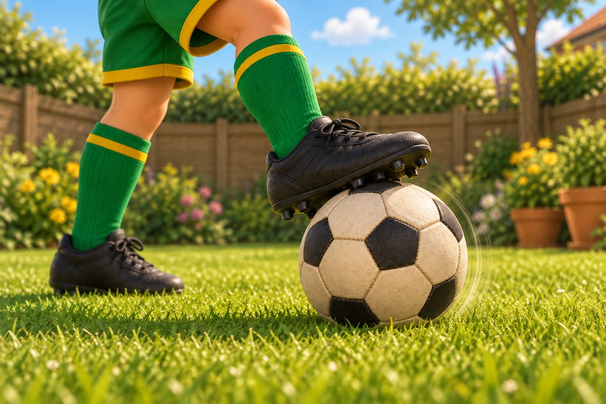 Close-up of a boy's foot rolling a football backward under the sole on a garden lawn, the drag-back turn in progress