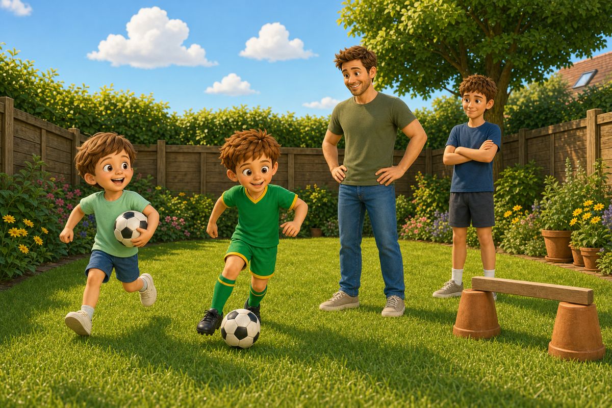 Cartoon dad in a garden with three children of different ages, one dribbling a football, one carrying it under an arm, one hanging back watching