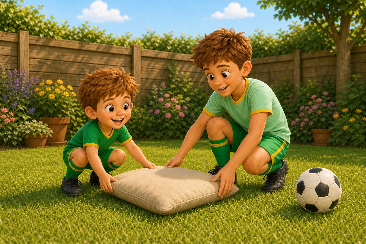 Cartoon older child helping set up a small target for a younger child in a garden, both smiling, no adult in frame