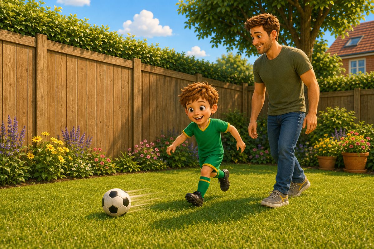 A football rolling back along the grass from a wooden garden fence towards a boy who is stepping in to meet it, with a dad standing alongside him a step behind, both only a few paces from the fence