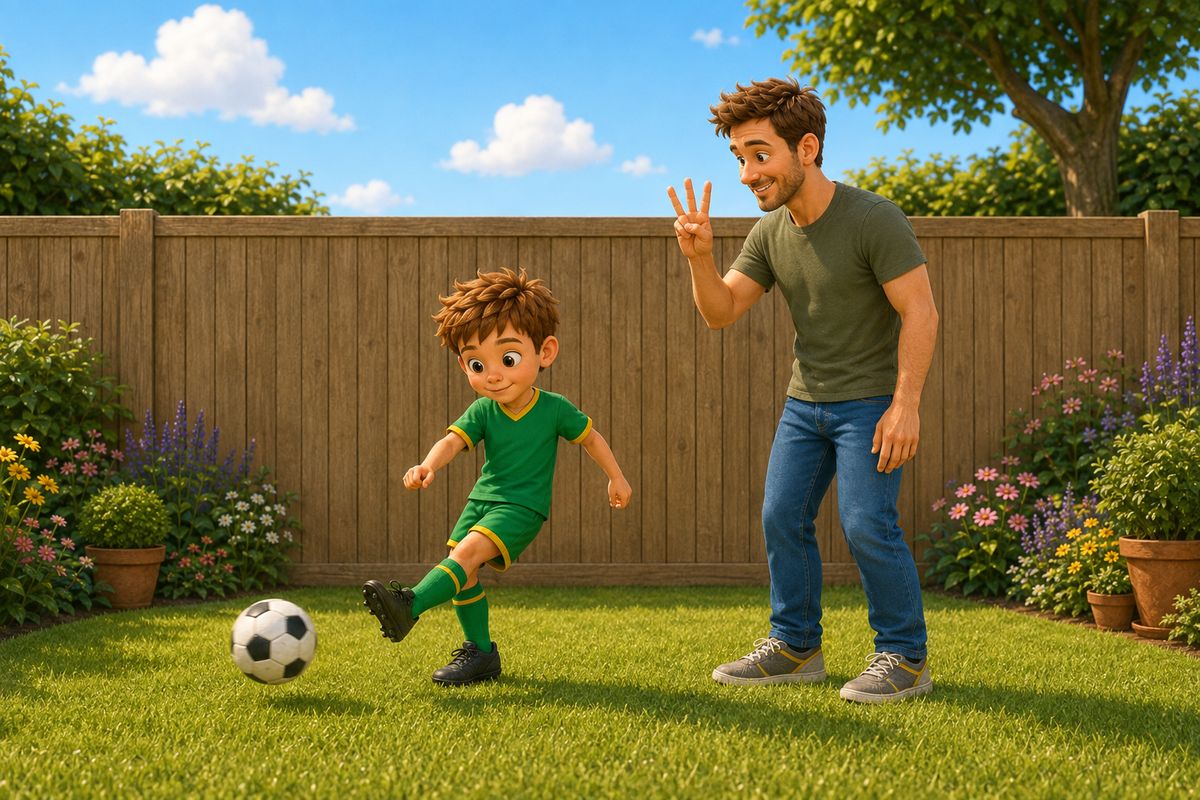 A boy passing a football along the grass with the inside of his foot, towards a wooden garden fence only three or four steps away, while a dad stands beside him counting on his fingers
