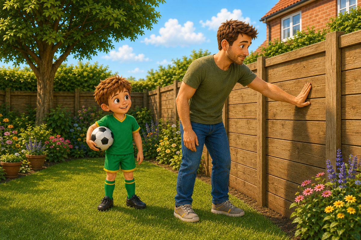 A dad pressing his flat palm against a wooden garden fence to see whether it moves, while a boy stands next to him holding a football under one arm and watching
