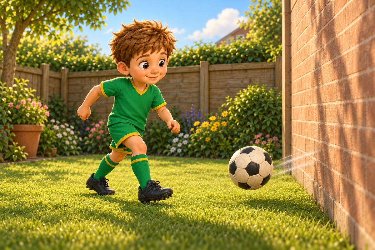 A boy alone in a small UK garden meeting a football as it rebounds back off a wall towards him, standing only a few paces away, with no other player in the frame