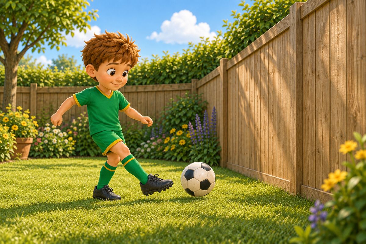 A boy passing a football into a garden wall with the inside of his foot from only a few short steps away, alone in a small UK garden