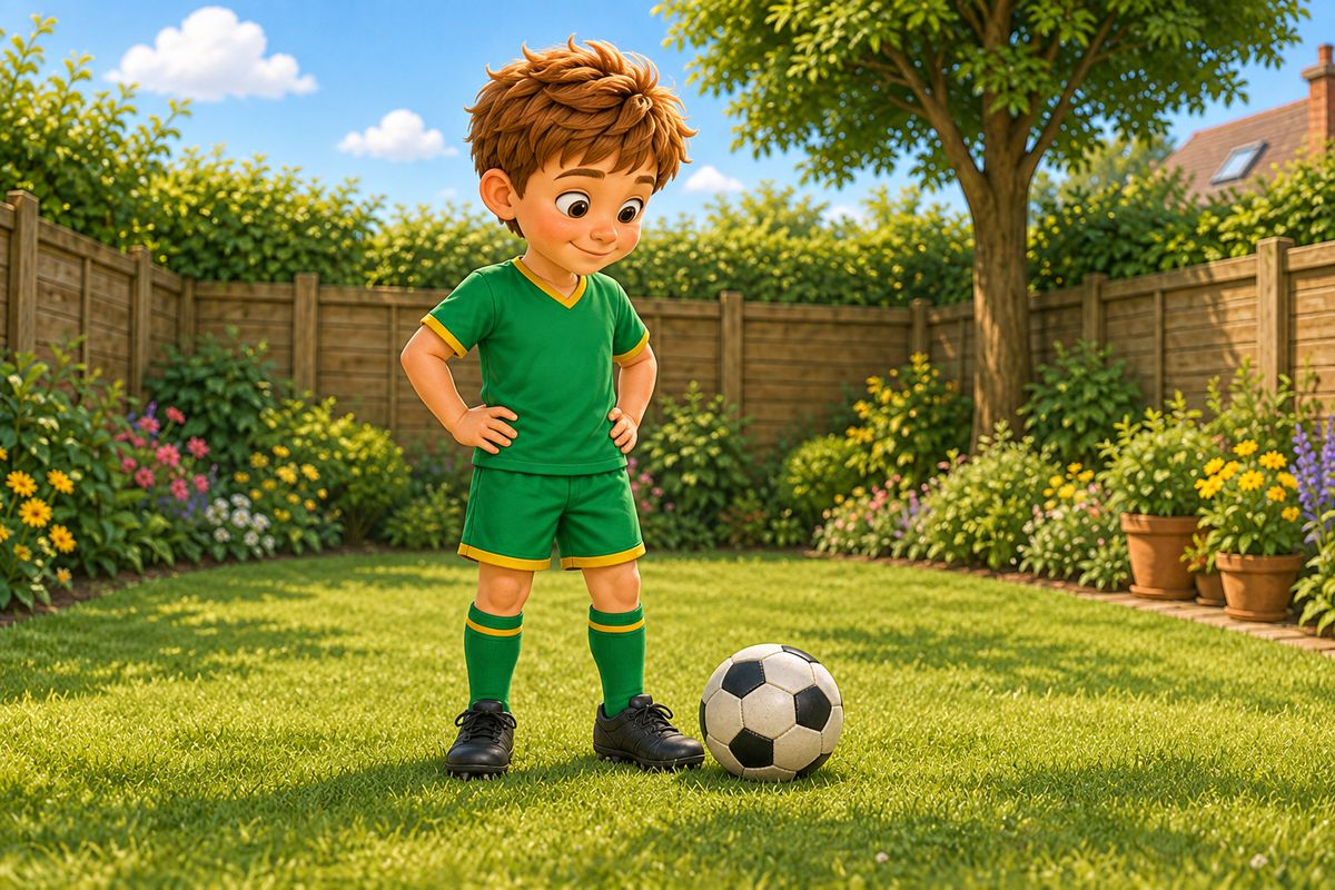 A football settled dead at a boy's foot right beside a garden wall, close enough that his next touch could go anywhere, with the boy looking down at it with a small satisfied expression