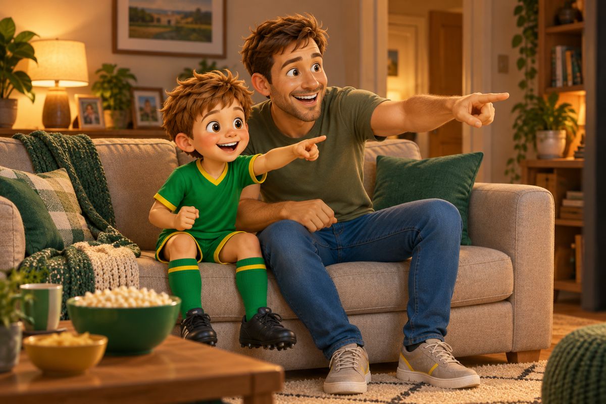A dad and a boy sitting together on a sofa, both animated and pointing toward a football match on a television just out of frame.