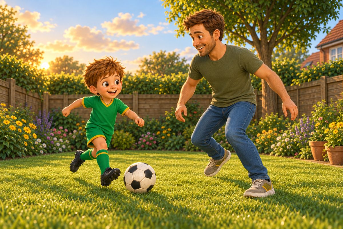 A dad and boy playing with a football together outside in the garden, energetic and smiling.