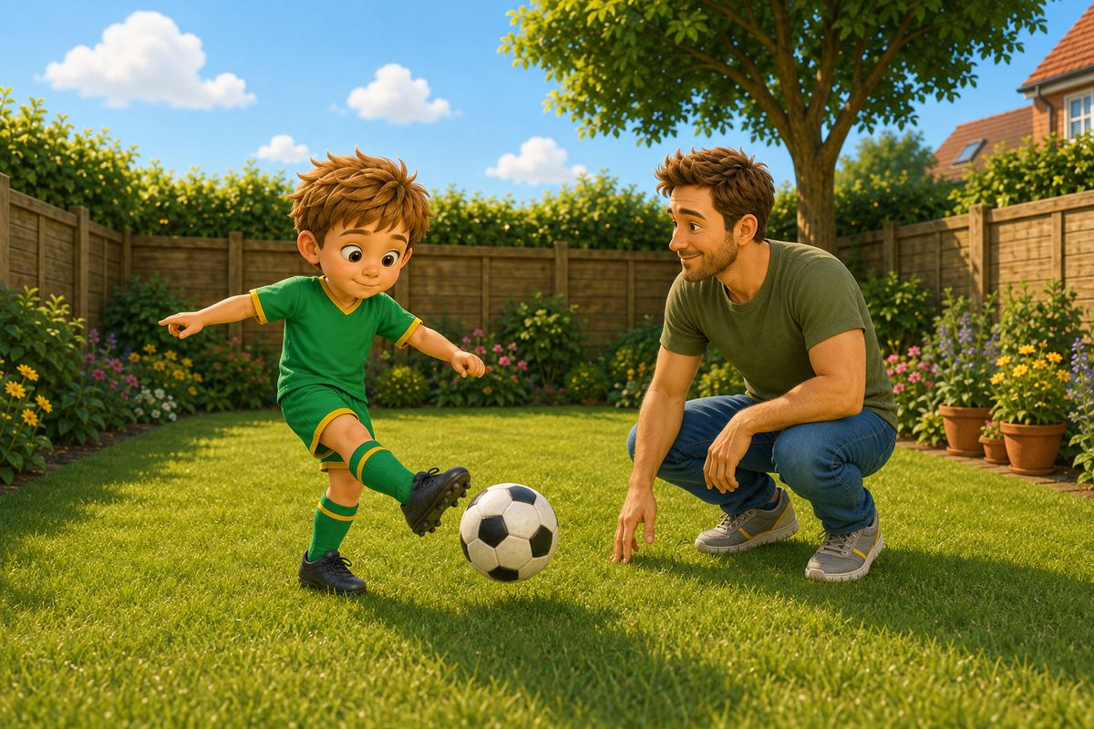 A boy striking a football with his left foot while balancing on his right, arms out for balance, a dad crouched a short distance away having just rolled the ball to him in a UK back garden