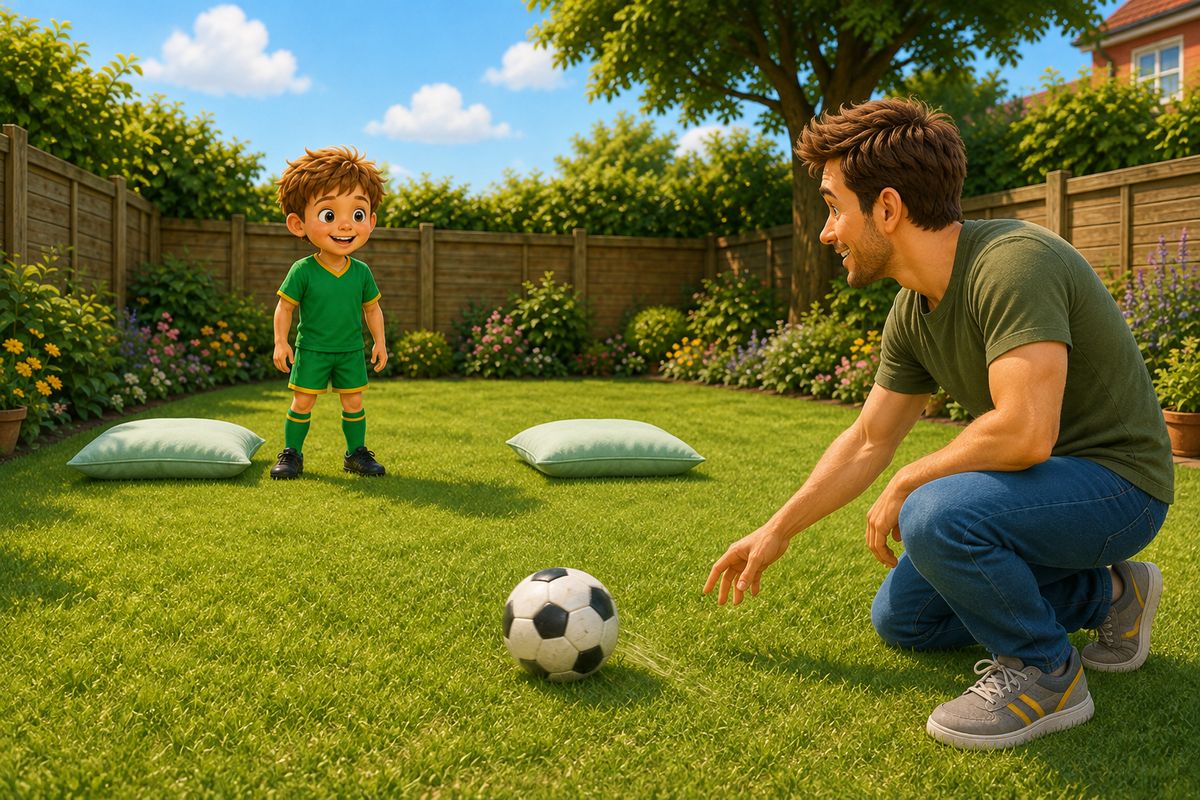 A dad kneeling on the grass rolling a football slowly along the ground towards a boy standing only a few steps away, with a wide gap between two large soft cushions behind the boy as a target