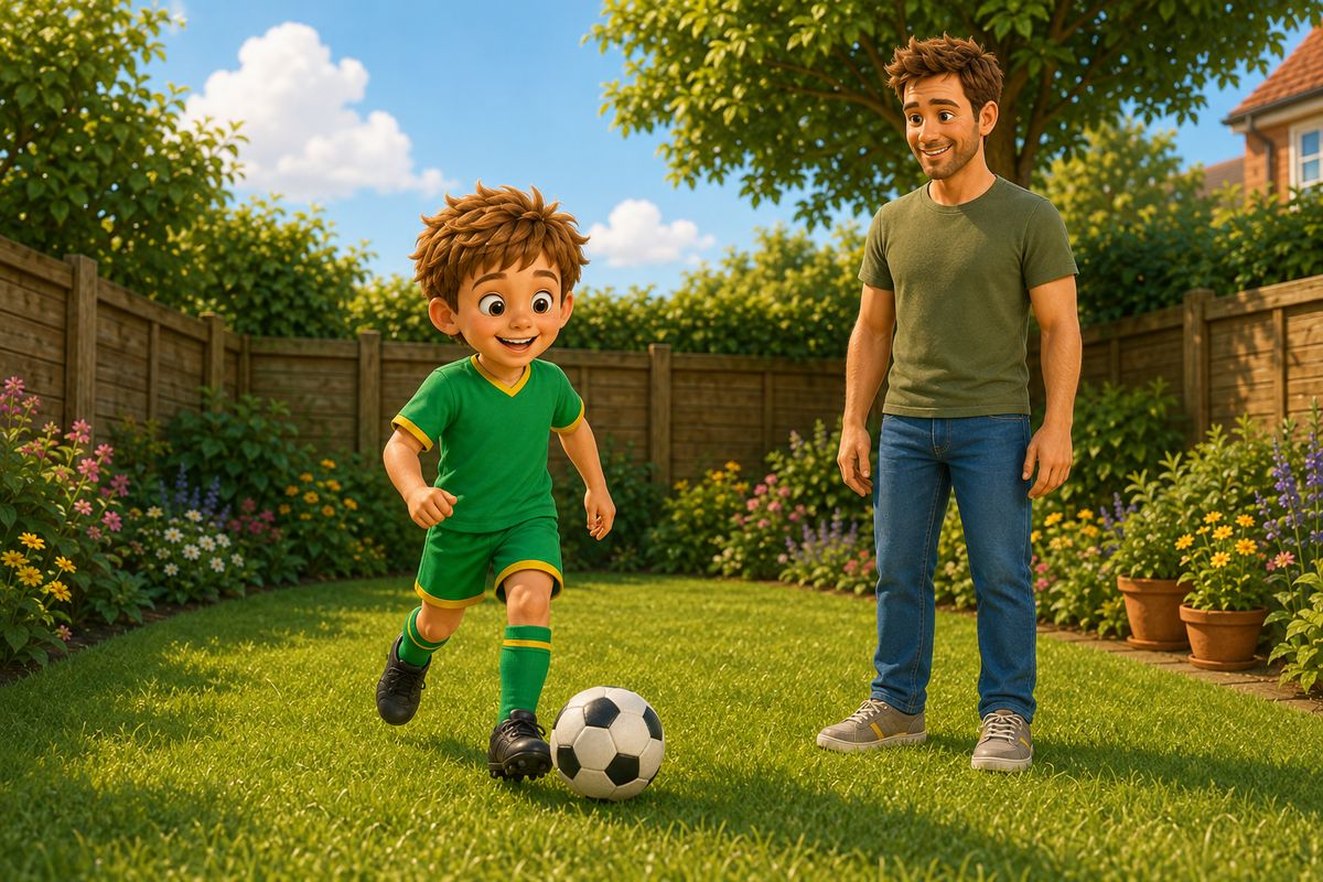 A boy back to playing freely with his usual foot in the garden while a dad watches from a few steps away, both relaxed, the ball running easily ahead of him