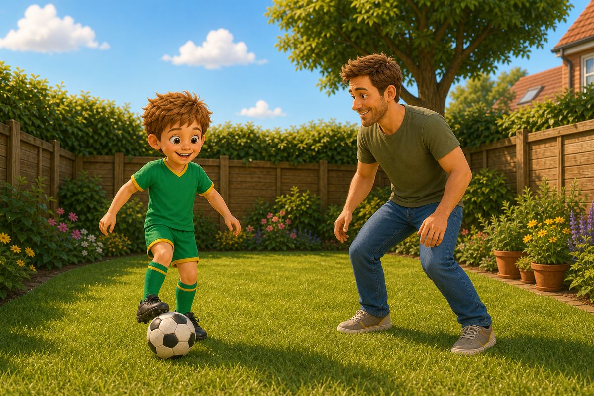 A dad and boy playing a quick, ordinary weekday football moment together in a UK back garden in early evening light, calm and routine rather than a special occasion