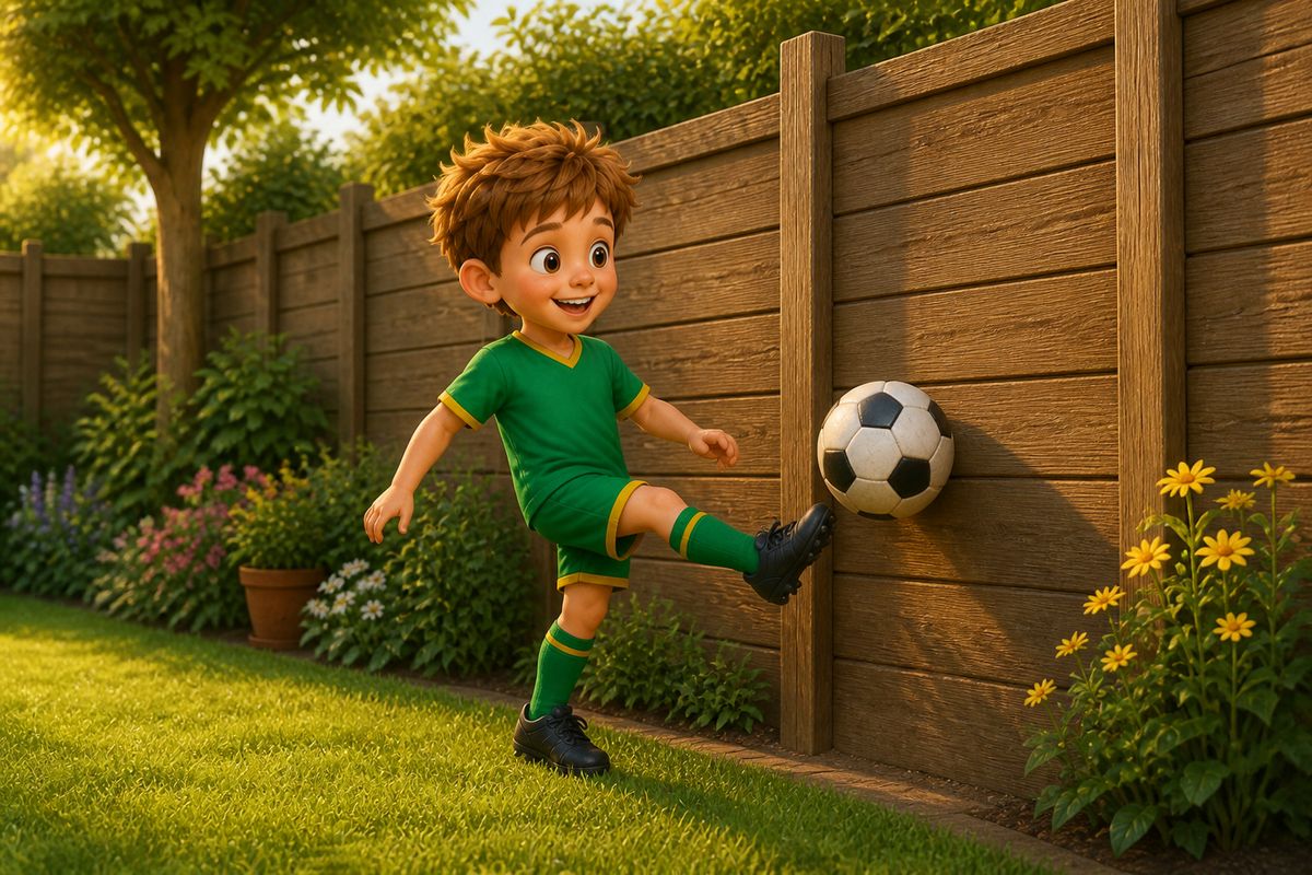 A boy doing a quick solo football touch against a garden fence on an ordinary weekday evening, one of three simple weekly slots rather than a single big session
