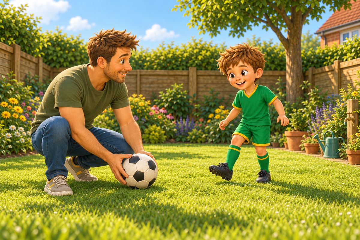A dad crouches on the lawn with a football while his boy, a few steps away, gets ready to nudge it back with his foot, both smiling.