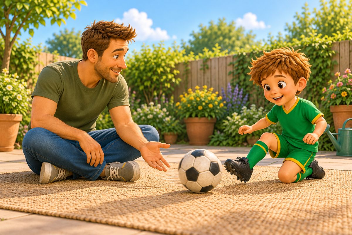 A dad and his boy sit a short way apart on a patio rug, rolling a football slowly back and forth between them while a watering can and flowerpot sit nearby.
