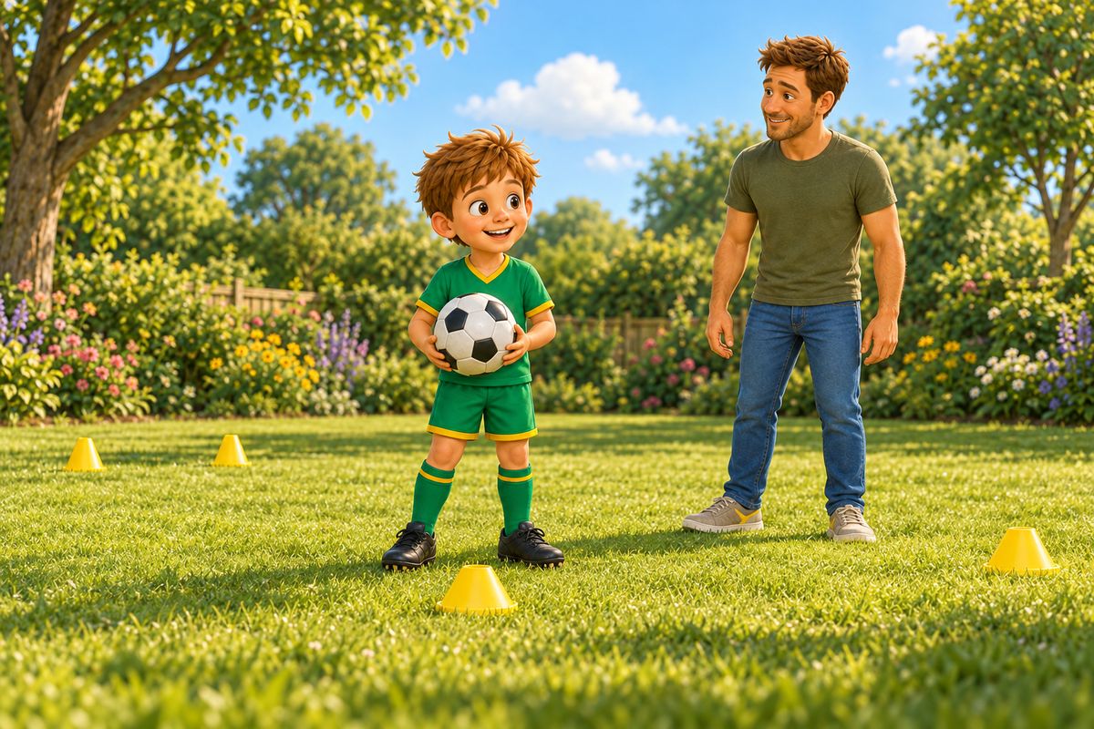 A dad and a boy on a green park pitch, with the boy holding a ball in the middle of a few cones set out like different spots to play.