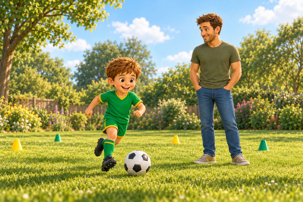 A dad watching a boy play on a park pitch from the sideline, relaxed, with his hands in his pockets.